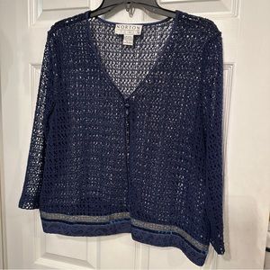 Norton Studio Size L Navy Crochet Poly Knit Short Jacket Mettallic Ribbon 3/4 Sl